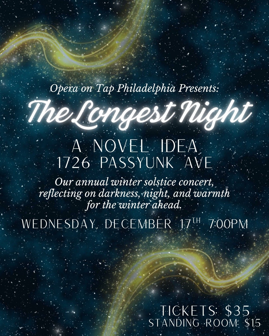 ✨ New Ticket Option! ✨

We are delighted to share that only a few general admission tickets still exist for our show The Longest Night on December 17th. With that, we've been able to add some standing-room only tickets at a discounted rate of $15. Th