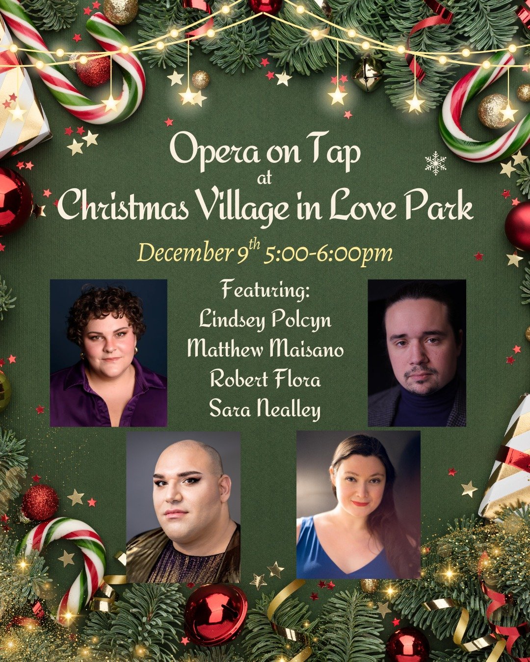 Featuring our quartet for The Christmas Village: Lindsey Polcyn, Matthew Maisano, Robert Flora, and Sara Nealley! They will be serenading the village with carols and holiday favorites this Tuesday, December 9th, from 5:00-6:00pm! 

The Christmas Vill