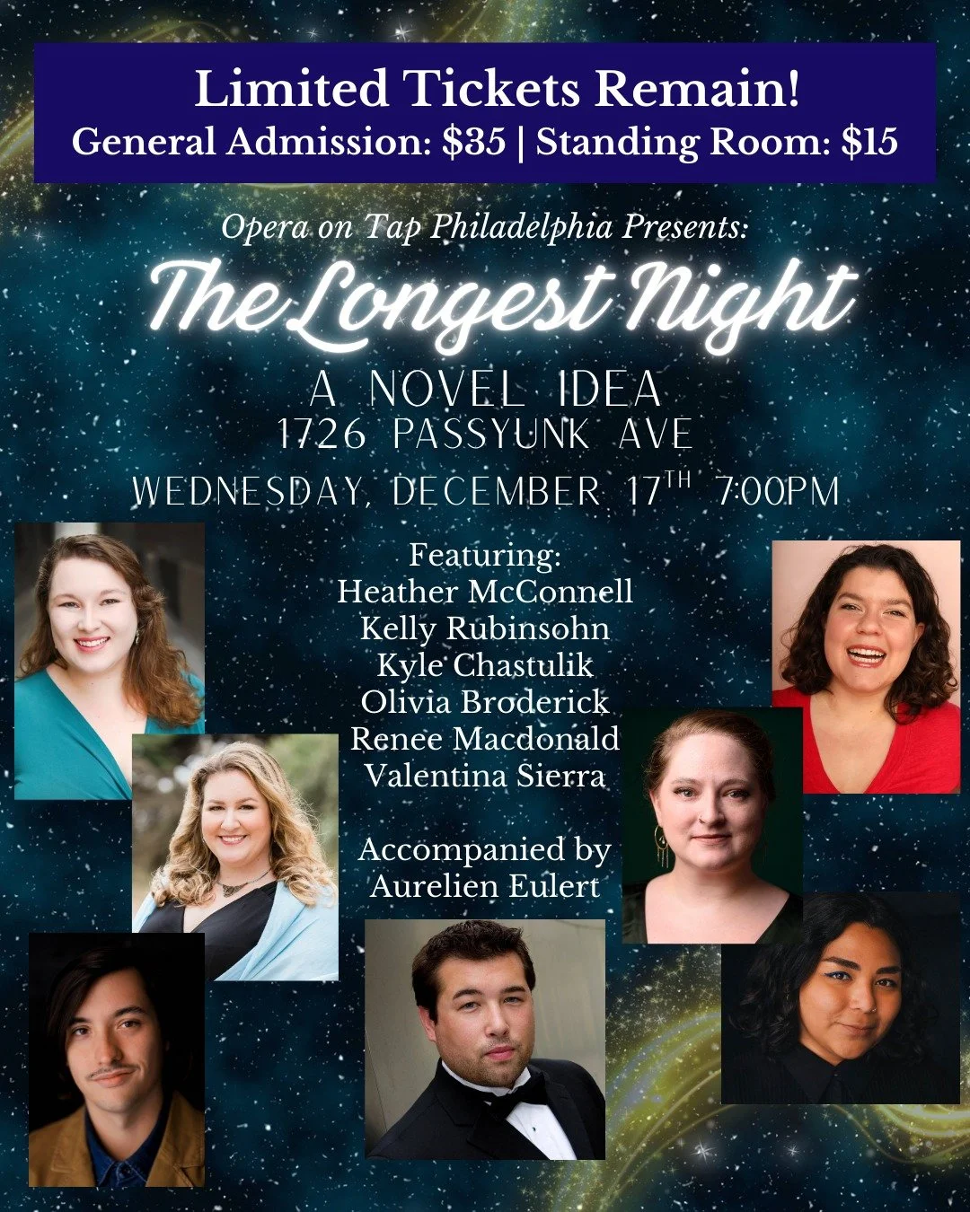 Will we see you on Wednesday? Limited tickets remain! 

Join us for The Longest Night, our annual winter solstice show. We will be at a new fun venue - A Novel Idea in South Philly! We&rsquo;ll be celebrating early on Wednesday, December 17th at 7:00