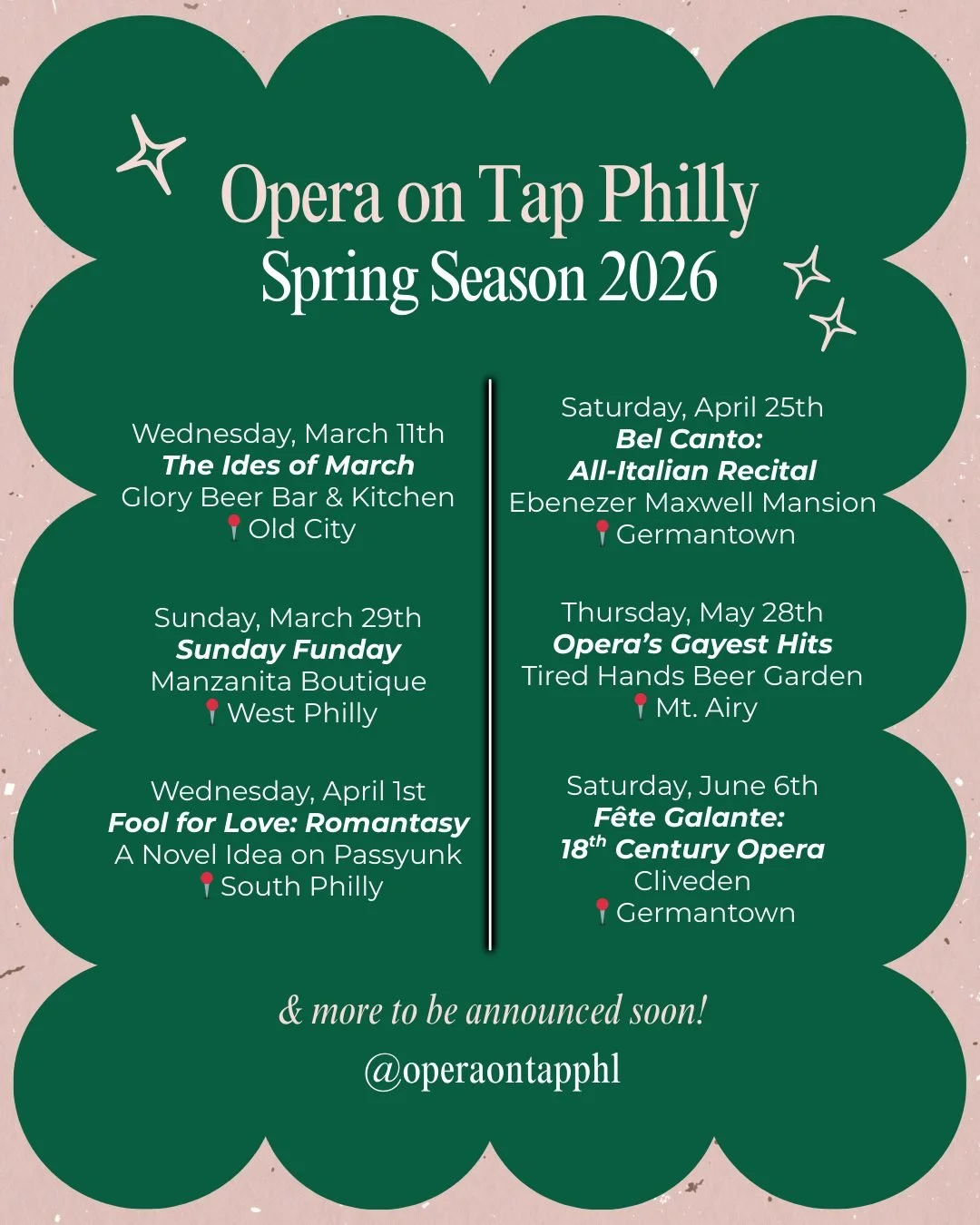 Announcing Opera on Tap Philly&rsquo;s Spring Season! 

🌞 We&rsquo;re manifesting warmer months ahead. 🌸

🗡 The Ides of March is our first show of the year! We&rsquo;ll be back at Glory Beer Bar &amp; Kitchen in Old City on Wednesday, March 11th t