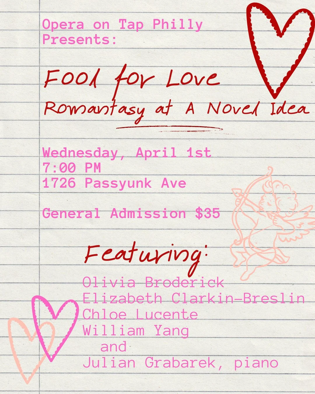 Announcing our Fools and Lovers for our return to @anovelideaphilly: Olivia Broderick, Elizabeth Clark-Breslin, Chloe Lucente, William Yang, and pianist Julian Grabarek!

If you&rsquo;re like us, curling up with a good book - particularly a spicy fan
