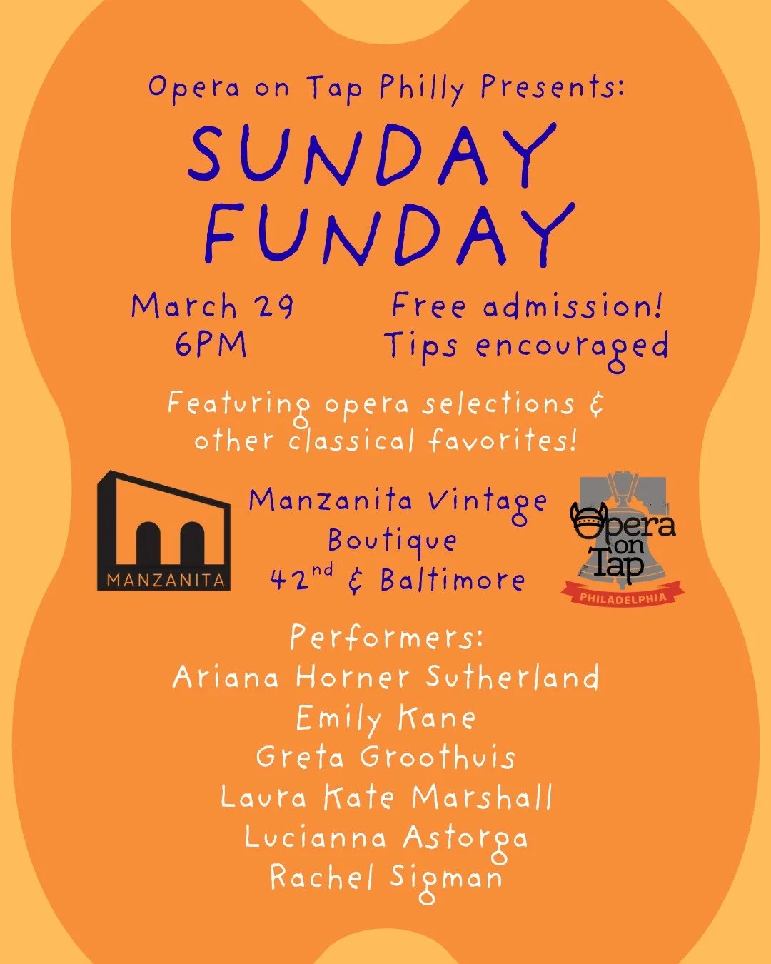 Featuring our performers for our free Sunday Funday Show! Ariana Horner Sutherland, Emily Kane, Greta Groothuis, Laura Kate Marshall, Lucianna Astorga, and Rachel Sigman will be singing some of their favorite things THIS Sunday. Join our singers in W