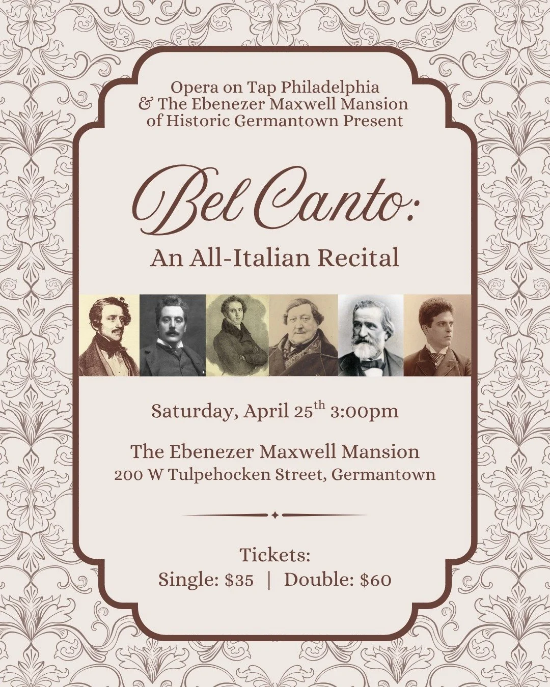 📣 Show Announcement! 

Opera on Tap Philadelphia and the Ebenezer Maxwell Mansion of Historic Germantown Present the next in our salon recital series: Bel Canto: An All-Italian Recital. 

Join us on Saturday, April 25th at 3:00pm to hear favorites f