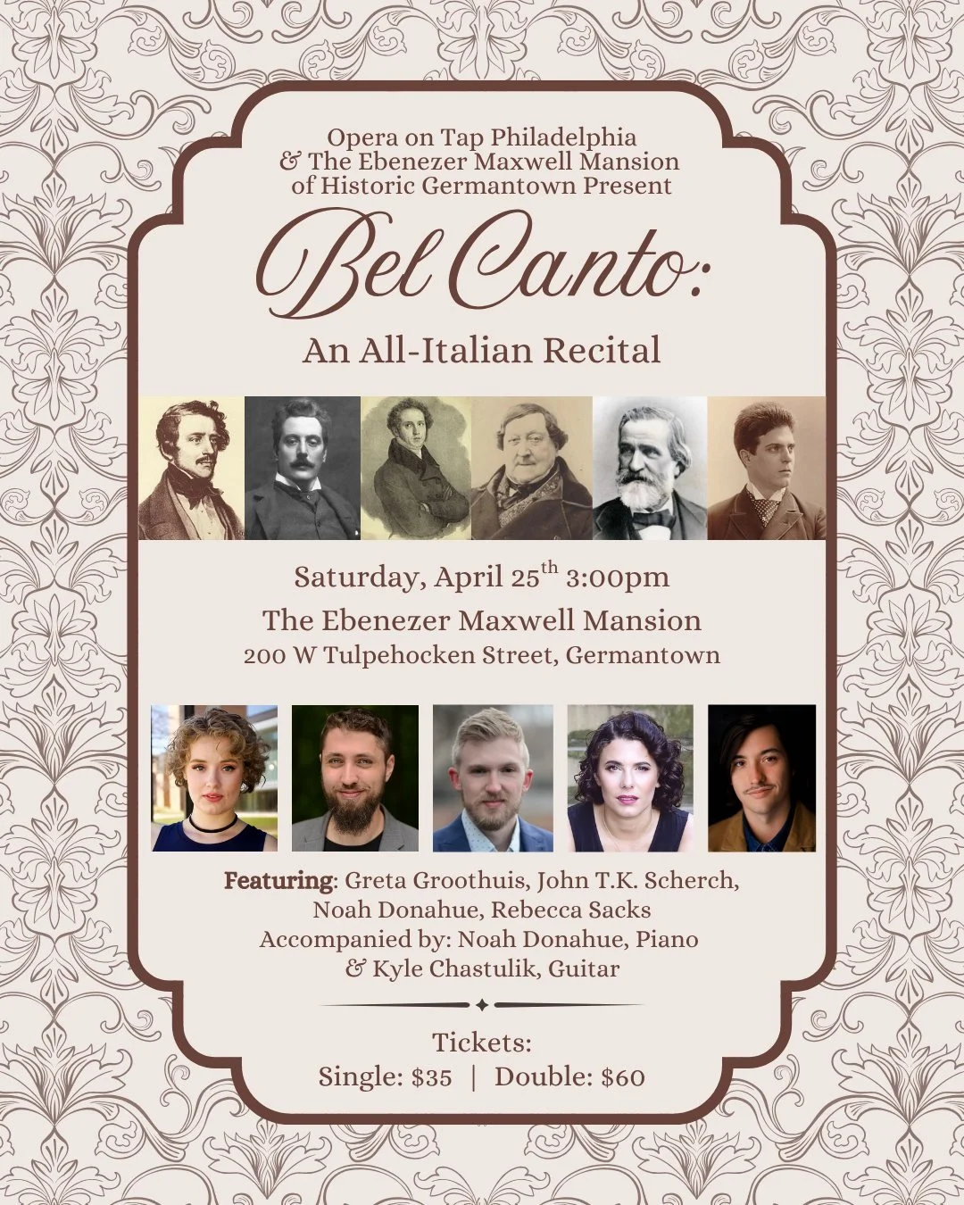 Next Saturday! Do you have your tickets?

Don't miss the next in our salon recital series: Bel Canto: An All-Italian Recital!

Join us on Saturday, April 25th at 3:00pm to hear favorites from Bel Canto and beyond from Rossini, Donizetti, Bellini, Puc