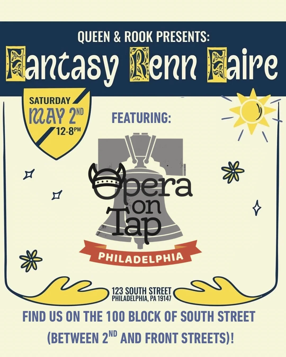 FREE SHOW ANNOUNCEMENT: Opera on Tap Philadelphia artists will be popping up at this year&rsquo;s Fantasy Renn Faire, hosted by the Queen &amp; Rook Game Cafe! We will performing at 4:30 and 7:00 on the 100 block of South Street on Saturday, May 2nd&