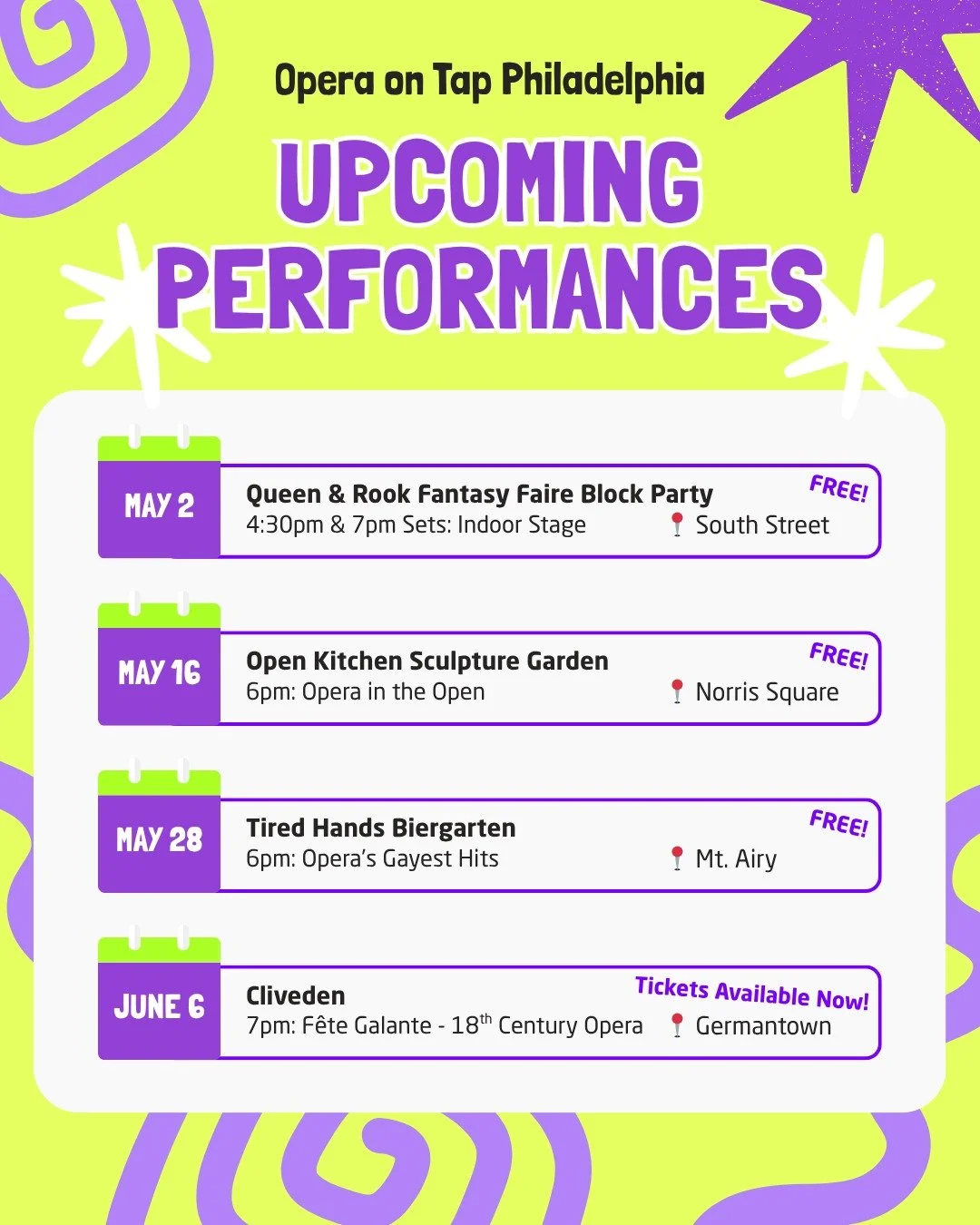 So many chances to see us over the next few weeks, and most of them FREE! 

See our roster members all over Philly - 
Tomorrow, May 2nd at 4:30 &amp; 7:00 at the @queenrookcafe Fantasy Faire 

Saturday, May 16th at 6pm at @theopenkitchensculpturegard