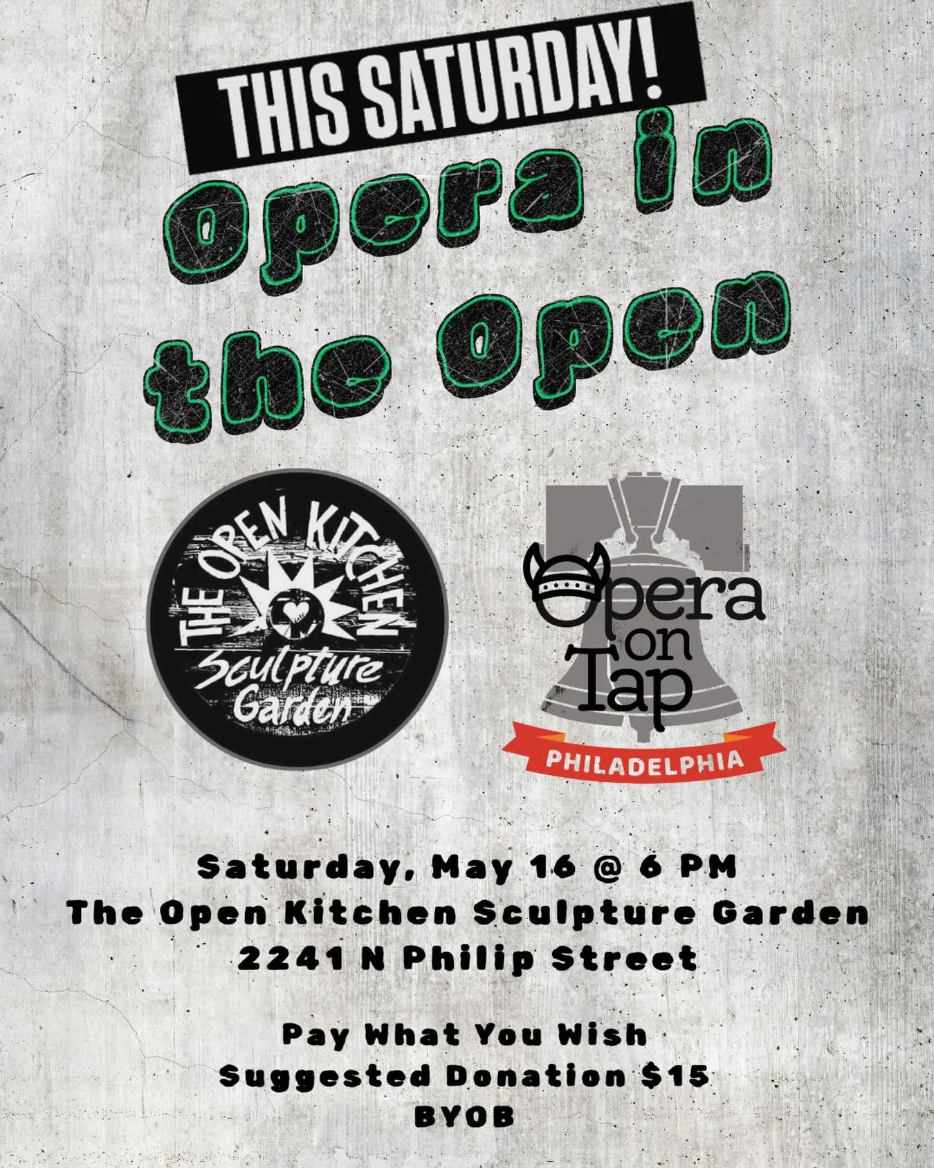 Come see us at a new venue, The Open Kitchen Sculpture Garden, this Friday May 16th at 6 PM! Hear some of opera&rsquo;s greatest hits and other classical favorites, surrounded by artwork and the spring skies of Philly! This event is PAY WHAT YOU WISH