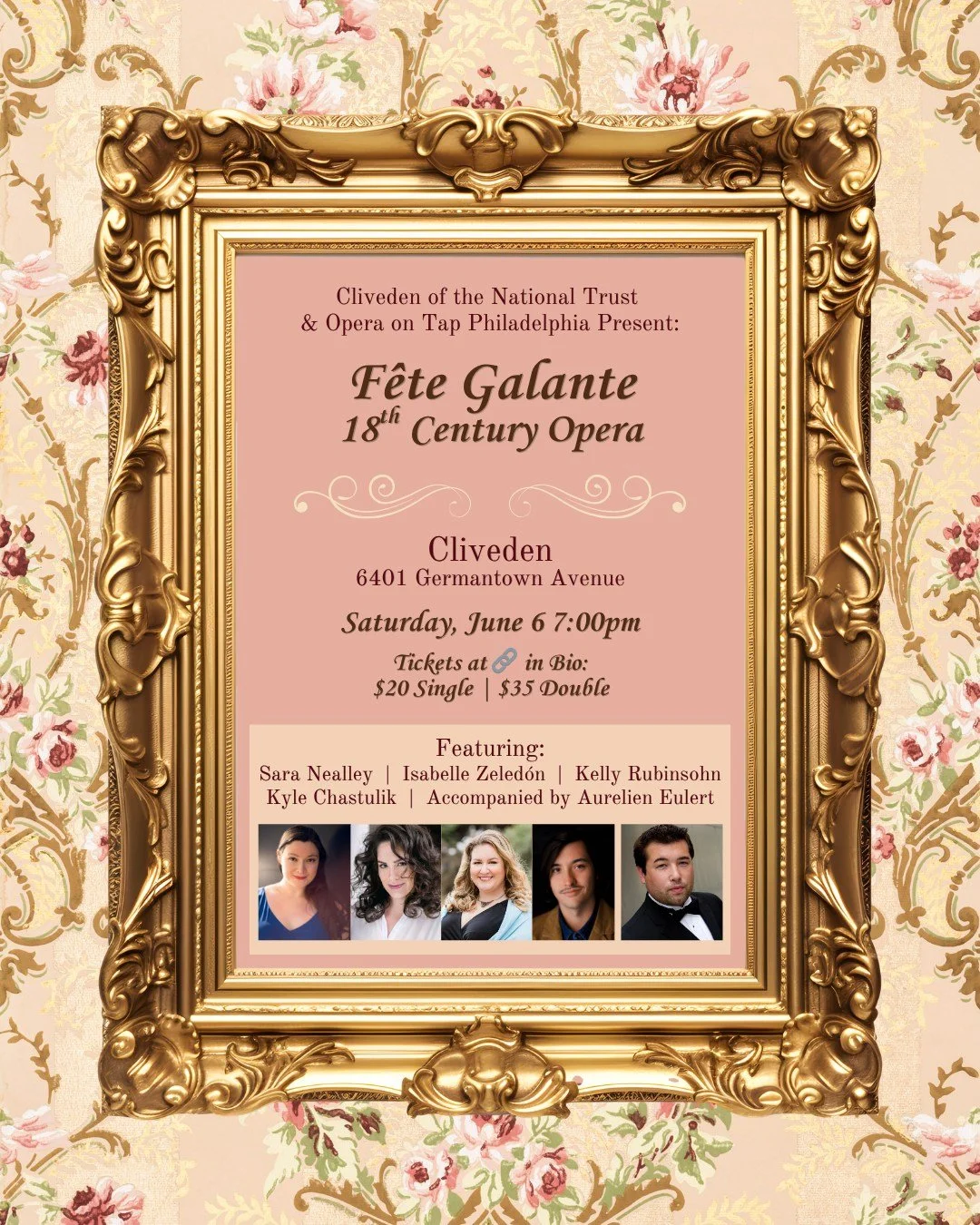 Featuring our performers for F&ecirc;te Galante: 18th Century Opera:

Sara Nealley, soprano
Isabelle Zeled&oacute;n, mezzo
Kelly Rubinsohn, soprano
Kyle Chastulik, baritone
Accompanied by Aurelien Eulert

Join our performers at Cliveden on June 6th a