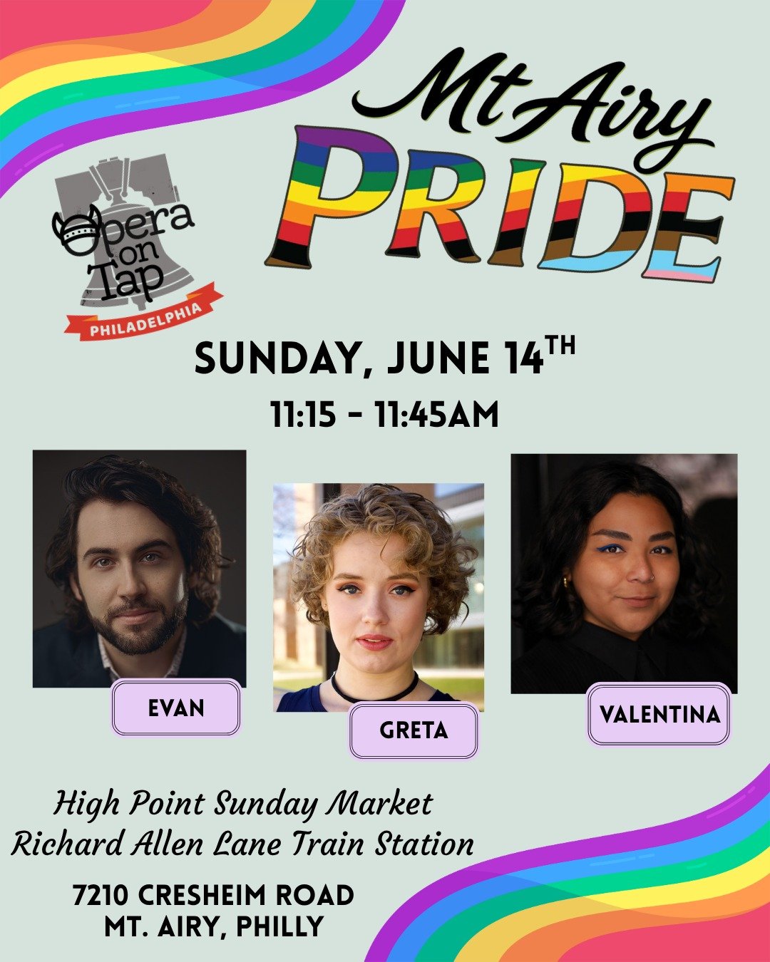 Opera on Tap is delighted to perform at @mtairypridefestival this Sunday, June 14th! 🏳️&zwj;🌈🏳️&zwj;⚧️

The Mt Airy Pride festival will include:
* Local LGBTQIA+ businesses &amp; non-profits
* Live performances
* Entertainment
* Lawn games
* Food 