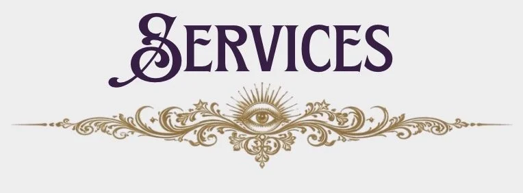 Decorative banner with the word 'Services' in purple, ornate gold embellishment with an eye at the center