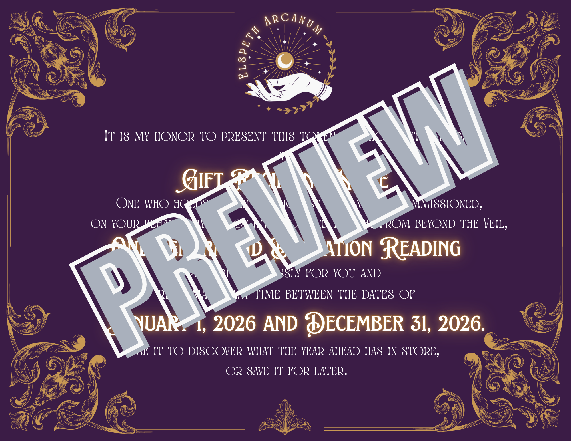 A mystical invitation for a spiritual or psychic event with ornate gold decorations on a purple background. It features a hand holding a moon and stars, with the text 'ELSPETH ARCANUM' above. Large overlay text says 'PREVIEW' across the image.