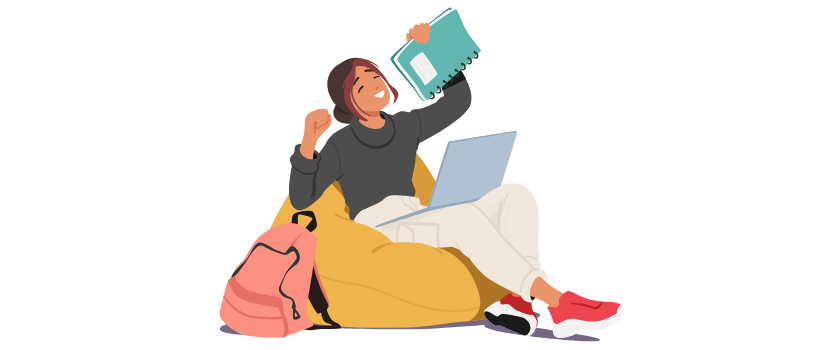 A young woman sitting on a bed, relaxing with her eyes closed, holding a phone, with a backpack beside her and a laptop in front of her, in a colorful, cozy room.