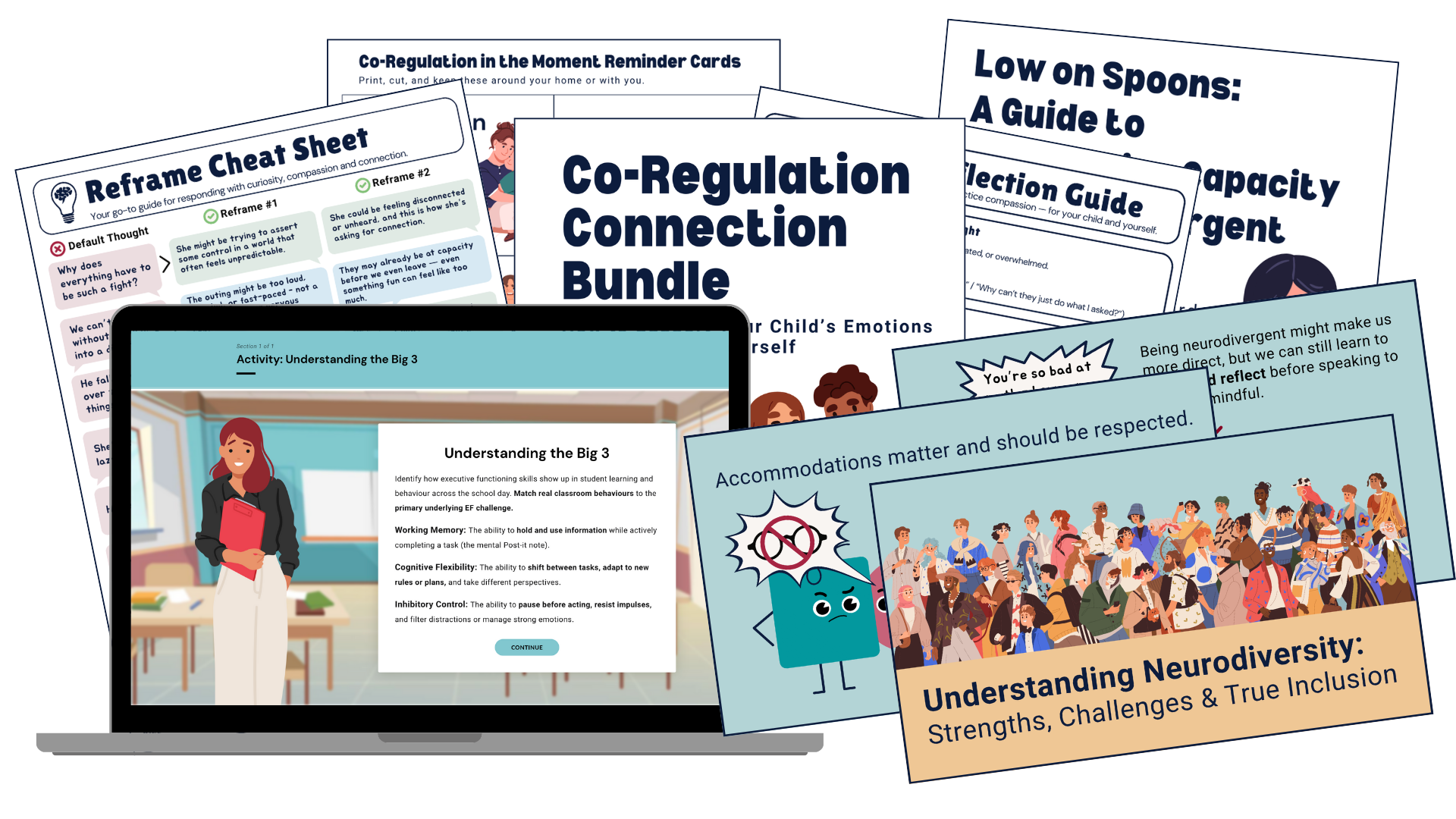 Collection of educational materials including books, worksheets, and a laptop screen with an activity on understanding the Big 3 in emotional intelligence, focusing on working memory, cognitive flexibility, and inhibitory control, alongside references to neurodiversity and child emotion regulation.