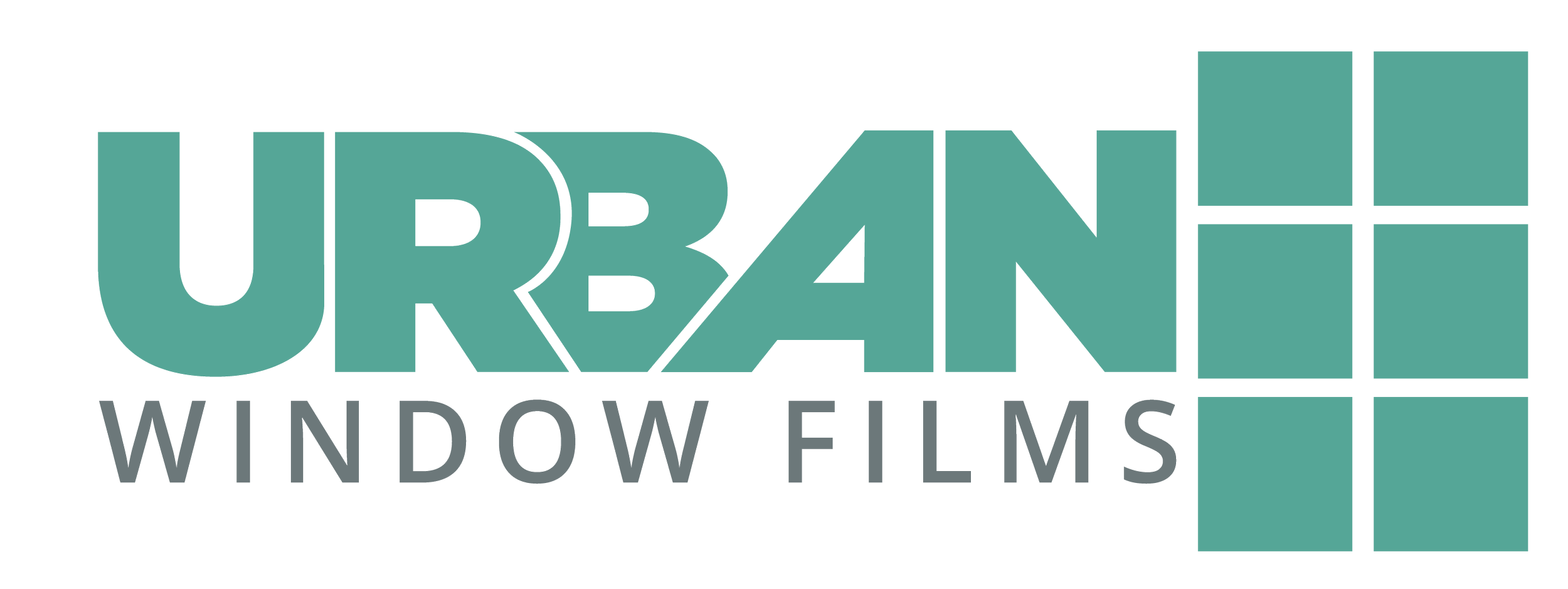 Urban Window Films logo with stylized text and grid design in teal and gray colors.