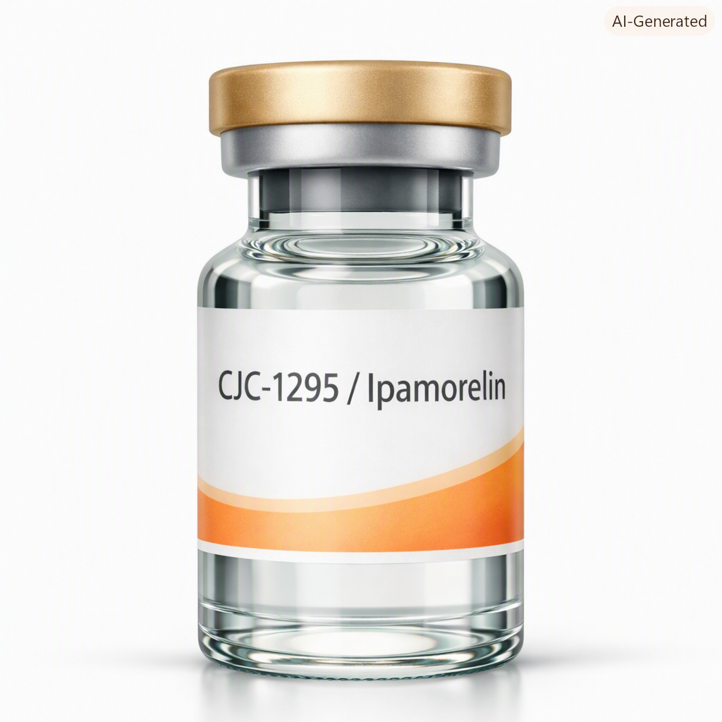 A glass vial labeled 'CJC-1295 / Ipamorelin' with a gold and silver cap, used for medication or research purposes.