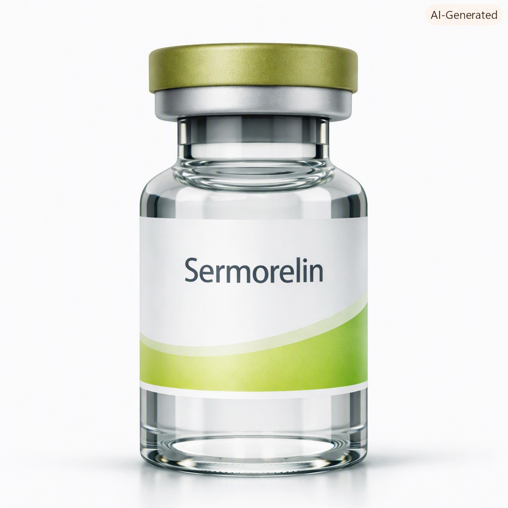 A small glass bottle labeled 'Sermorelin' with a white and green design, featuring a green cap.