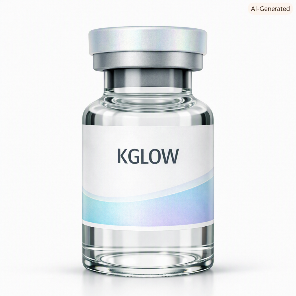 A transparent glass medicine bottle labeled 'KGLOW' with a metallic lid, set against a white background.