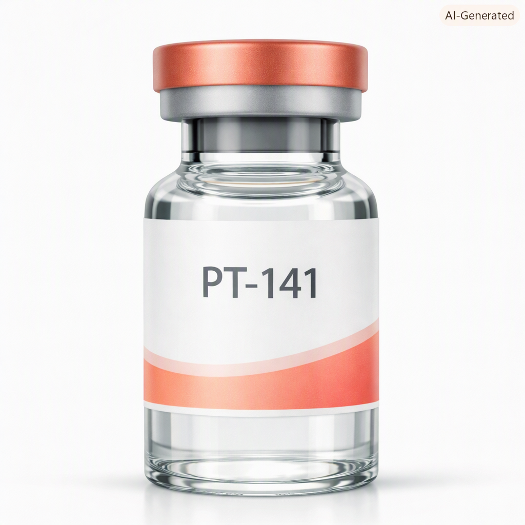 A clear glass vial with a pink and gray cap, labeled 'PT-141'.
