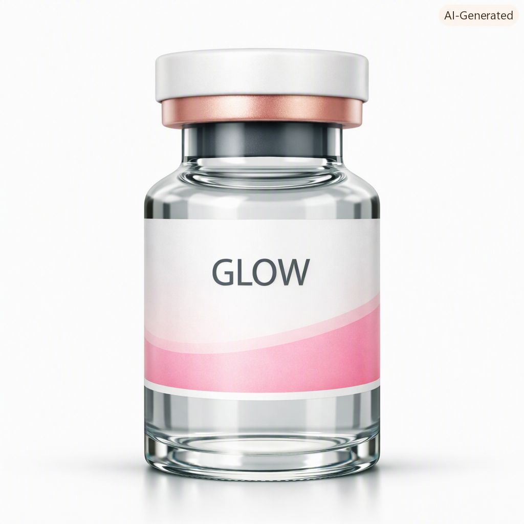 A clear glass vial labeled 'GLOW' with a pink and white curved design, topped with a gray and rose gold cap.