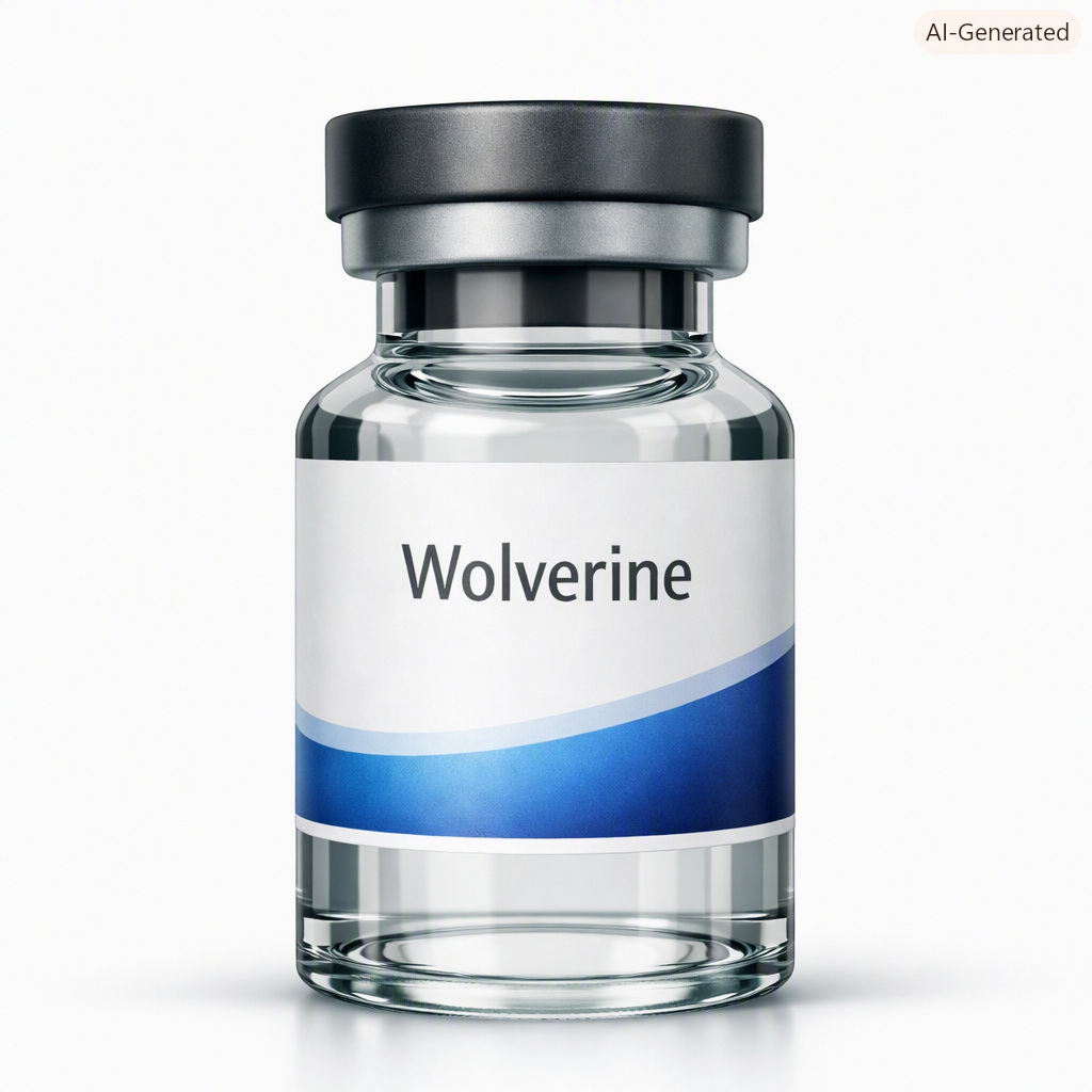 A clear glass medicine bottle with a white and blue label reading "Wolverine" and a black cap.