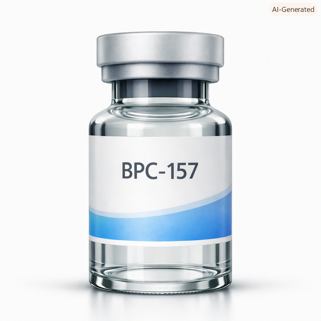 A glass vial with a silver cap labeled 'BPC-157' and a blue and white design.