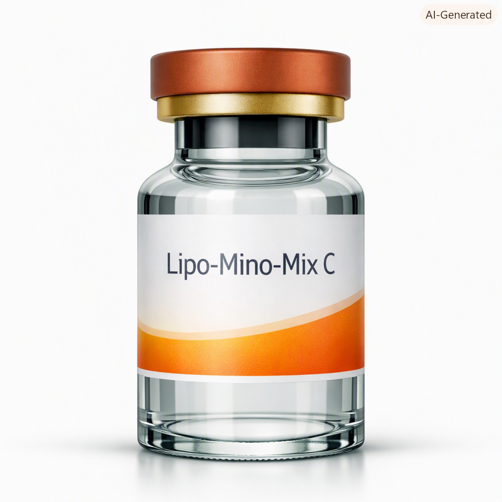 A clear glass medicine bottle labeled 'Lipo-Mino-Mix C' with an orange and gold cap, set against a plain white background.