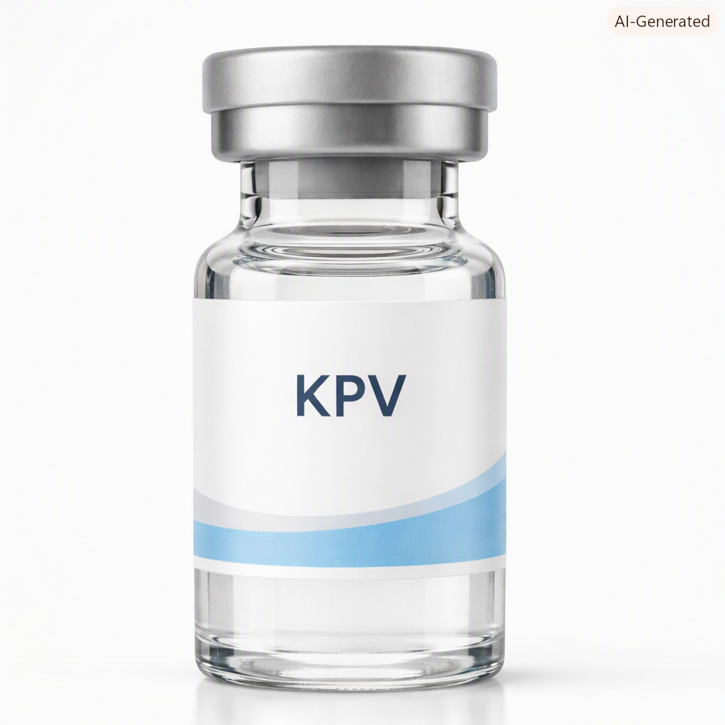 A glass vial labeled 'KPV' with a silver cap, filled with a clear liquid, against a plain white background.