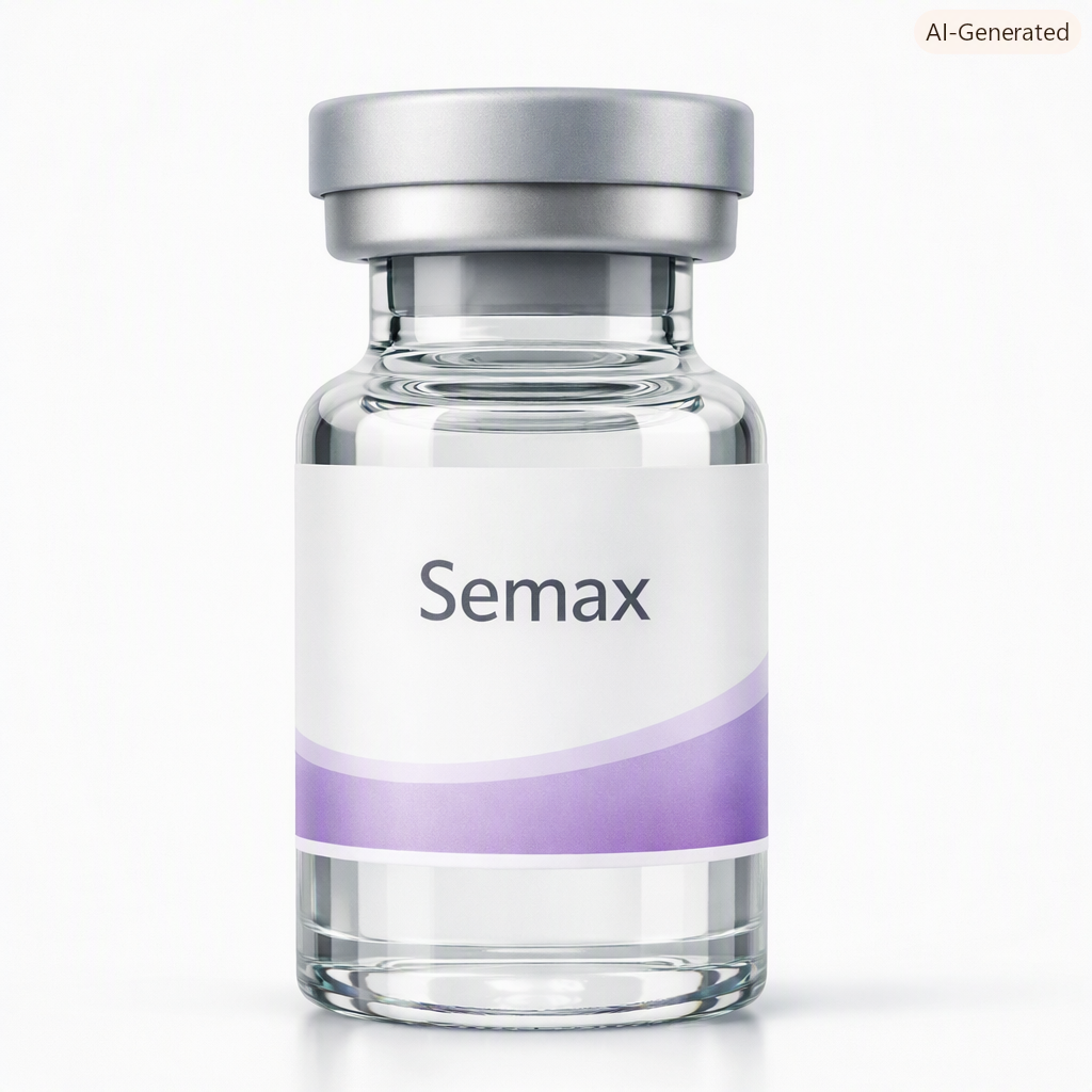 A transparent glass bottle with a gray lid, labeled 'Semax' with a purple and white design.