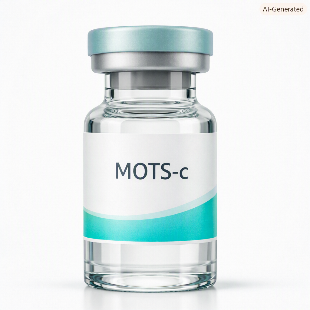 A clear glass vial labeled 'MOTS-c' with a light blue and white label, and a grey cap, isolated on a white background.
