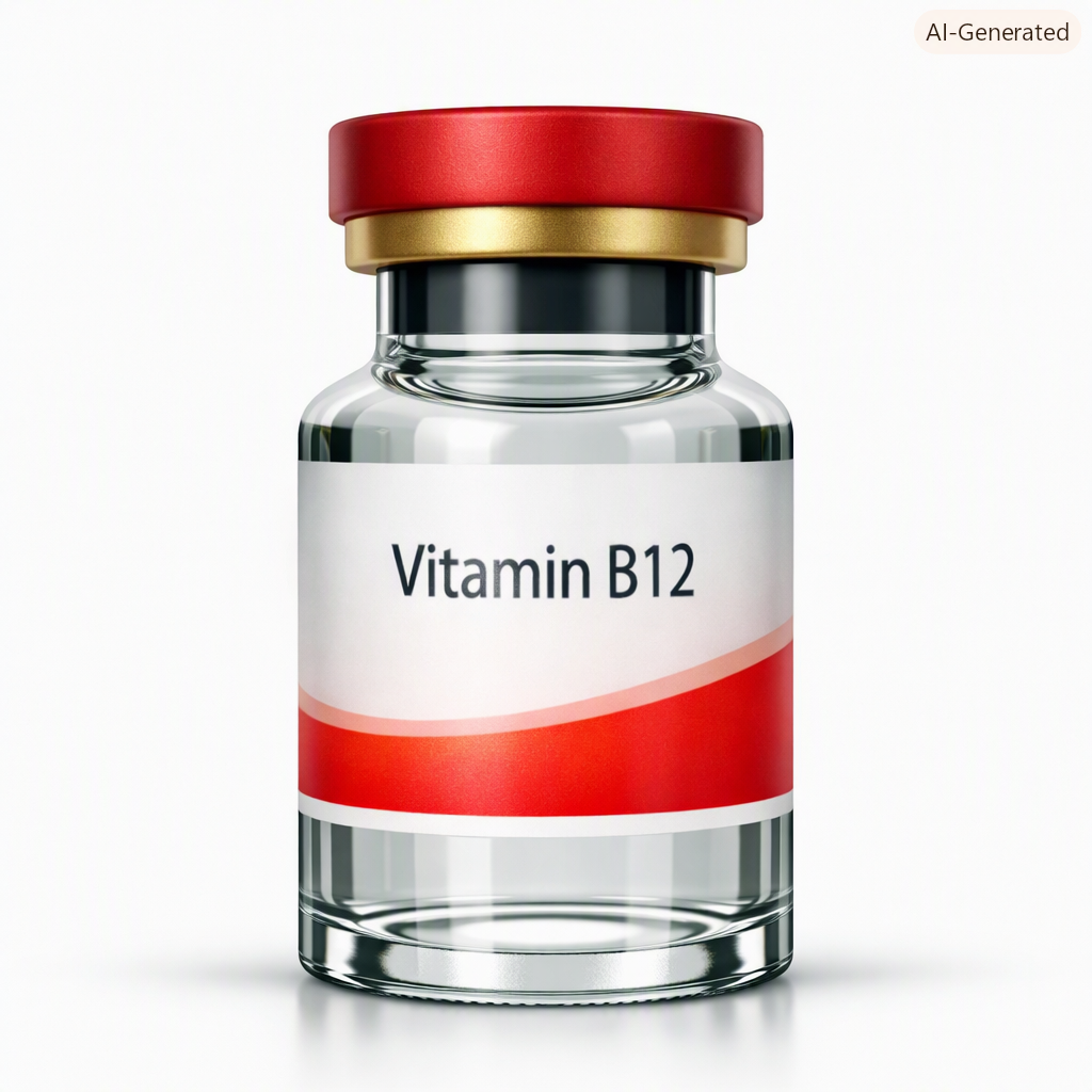 A transparent glass bottle labeled 'Vitamin B12' with a red and gold cap, set against a plain white background.