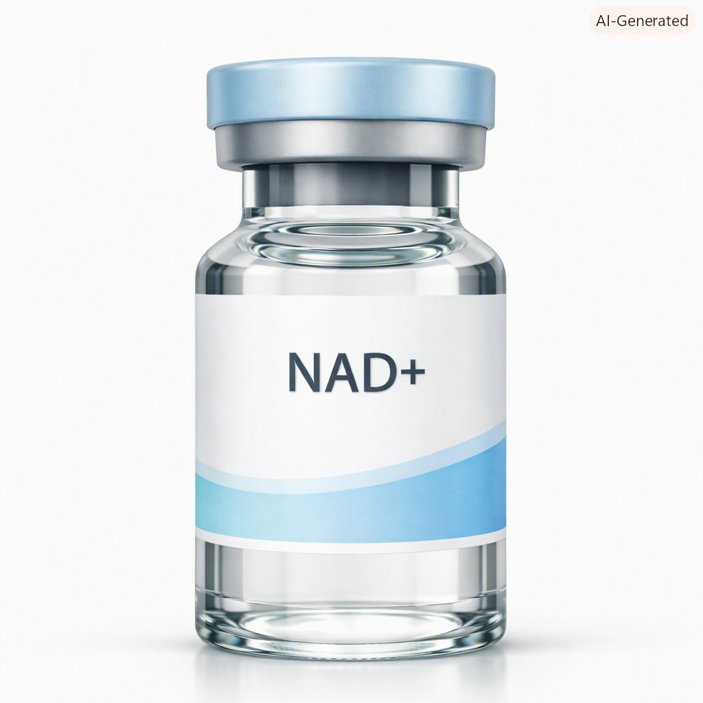 A clear glass medicine bottle labeled NAD+ with a light blue and white label, topped with a metallic light blue cap.