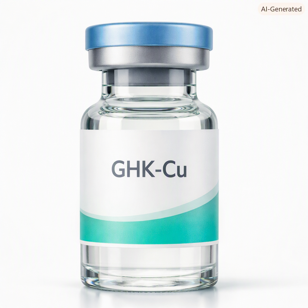 A small glass vial with a blue cap, labeled 'GHK-Cu', containing a clear liquid.