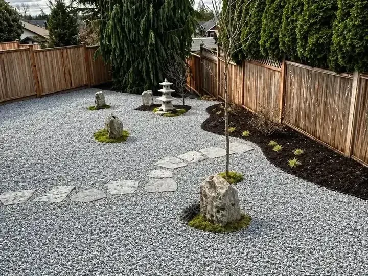 Gravel garden with stepping stones, sculptural rocks, and a stone lantern beside a wooden fence.