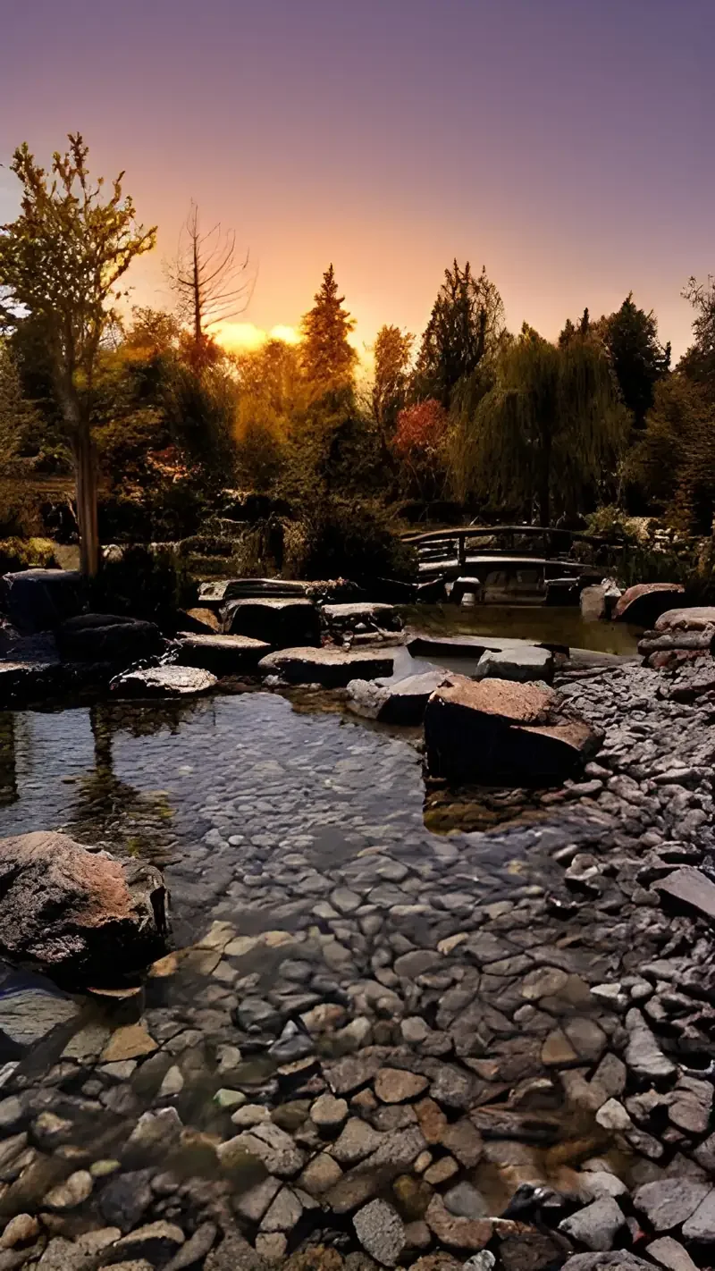 Garden pond with rocks and trees at sunset.