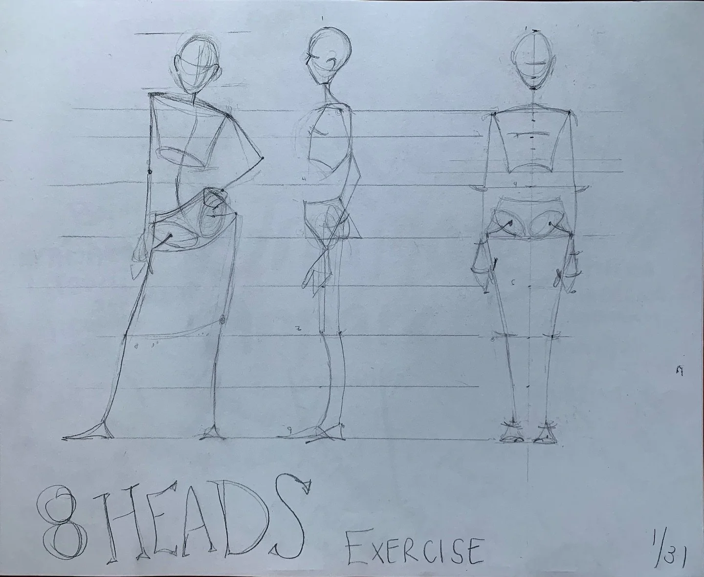 Another (rough) drawing exercise from our design class! ✍️✍️✍️This one is focusing on the 8 head figure, a pretty classic way to learn a standardized ratio of body proportions that once you know you can change for more diversity of poses and bodies (