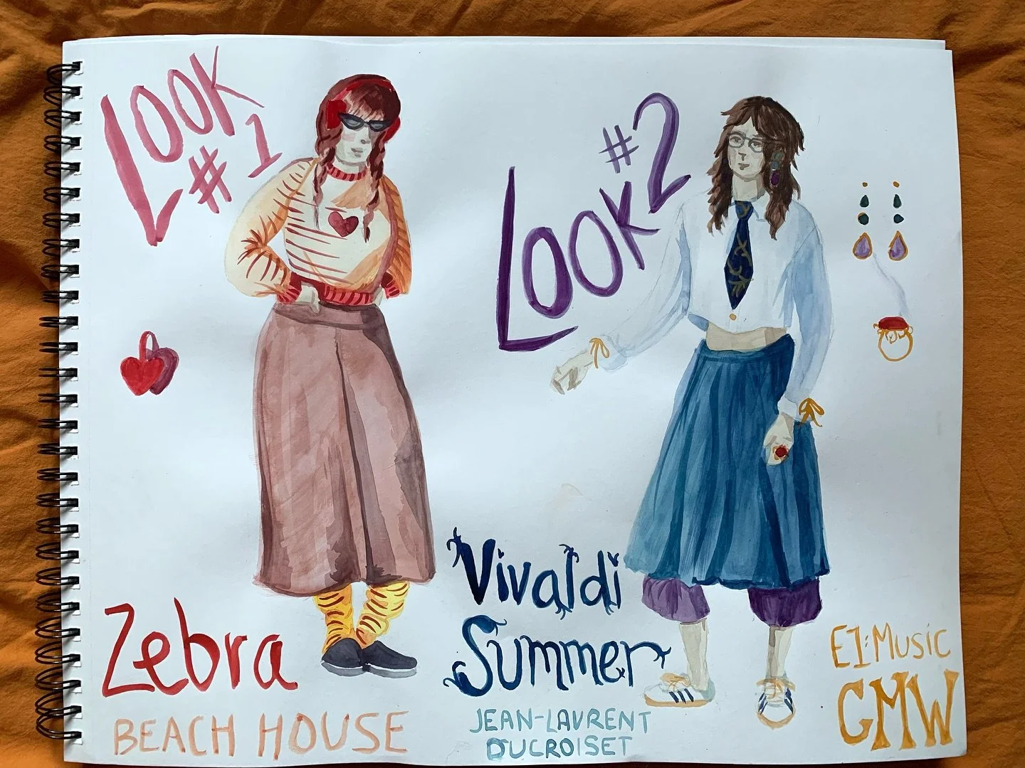 🎶🎨🎶 My first assignment for the fundamentals of costume design class I&rsquo;m taking this semester! We had to design two looks inspired by two different songs. I did some brainstorm painting with my dried gouache palette while listening to music 