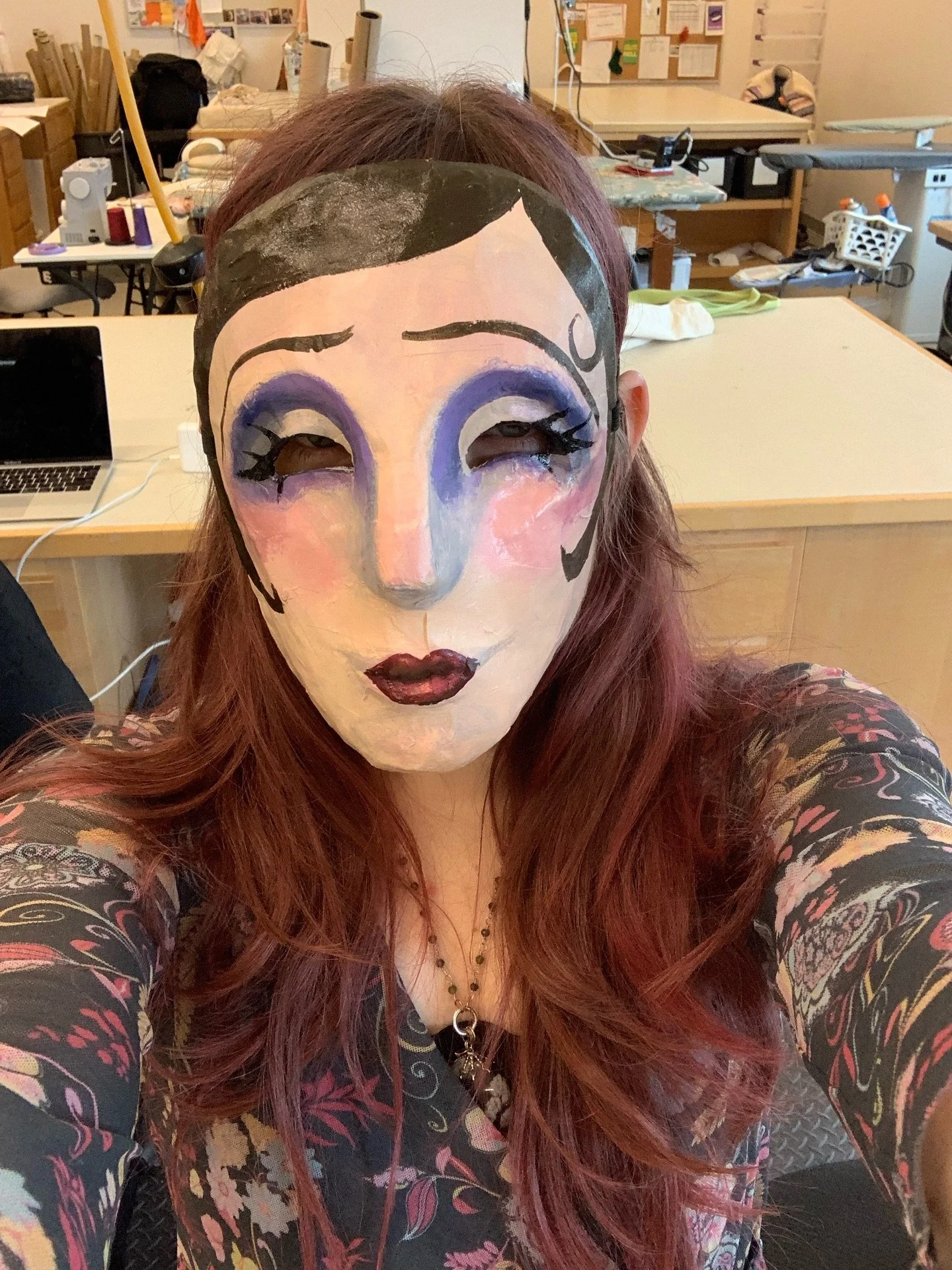 Apologies for the slightly unsettling jump scare but I am taking a costume crafts class this semester!! Our first project was to make a mask &mdash; mine was made out of paper mache. I sculpted a positive mold for my shape out of plasticine clay, the