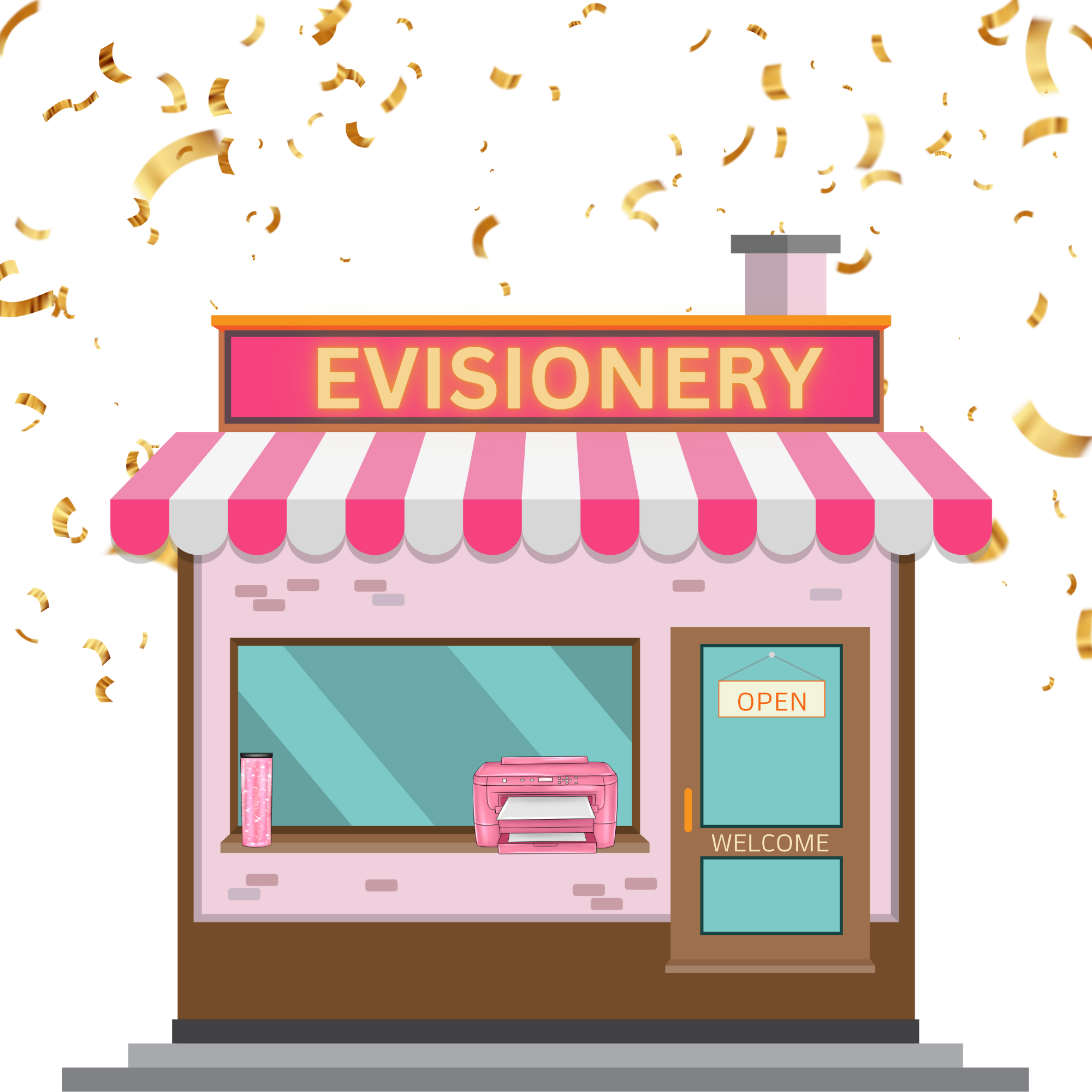 Illustration of a stationery shop with a pink and white striped awning, a sign reading 'EVISIONERY', and a window display featuring a pink printer and a tumbler. Confetti scattered around.