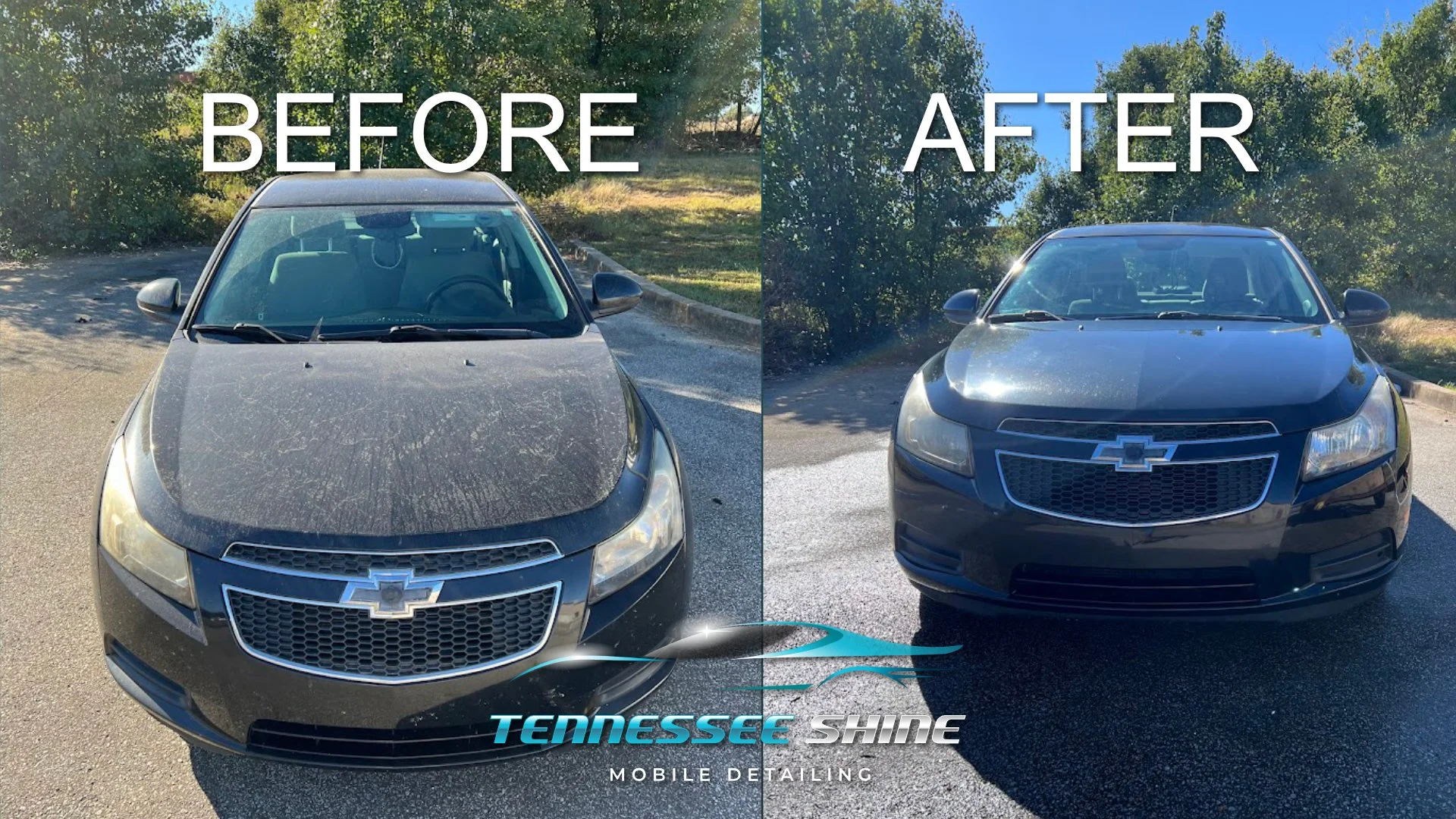Comparison image showing a black Chevrolet car before and after cleaning. The left side labeled 'Before' depicts a dusty, dirty car, while the right side labeled 'After' shows a clean, shiny car with a glossy finish, under clear skies amidst green tr