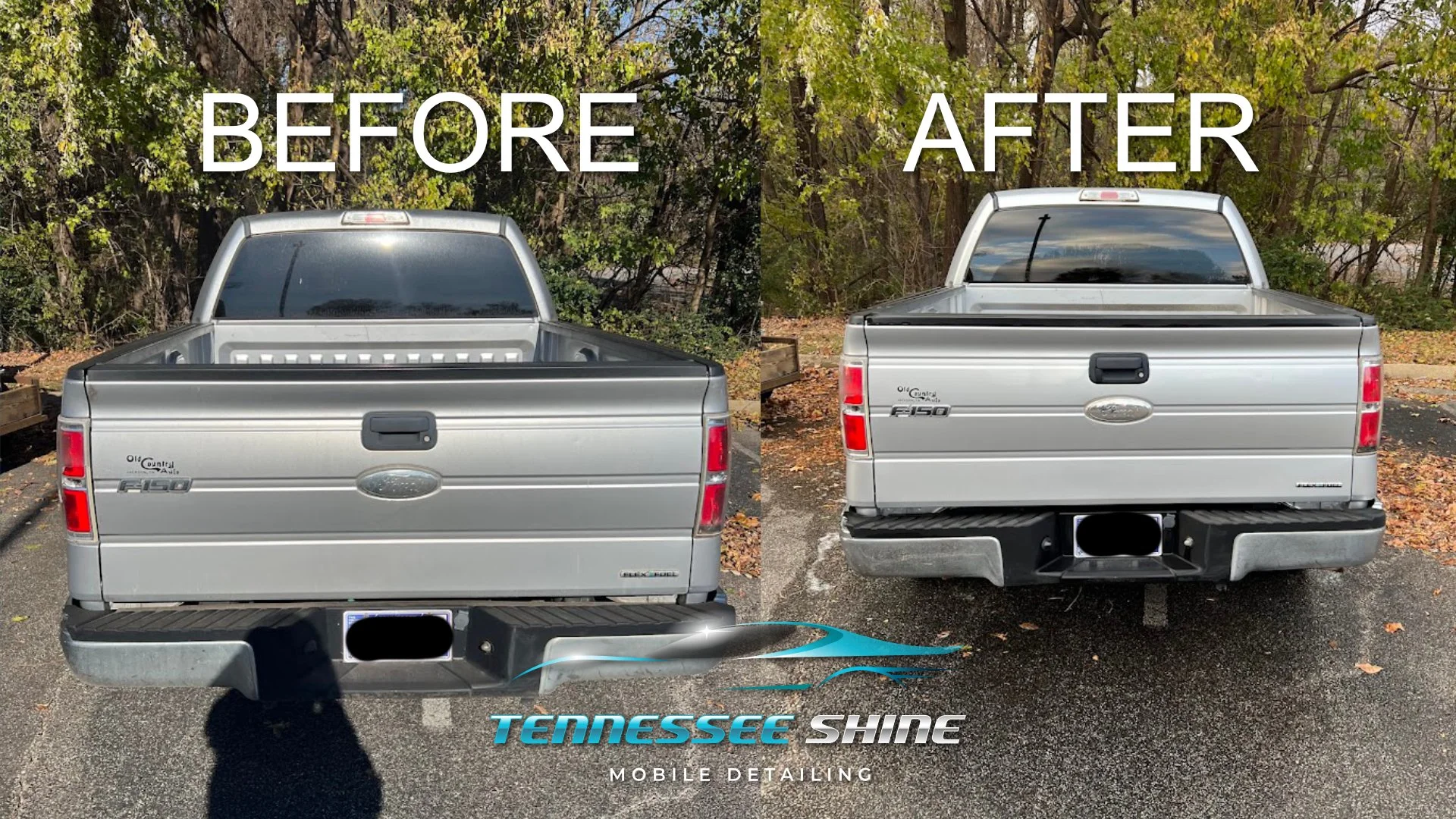 Side-by-side comparison of the rear of a silver Ford F-150 pickup truck before and after a detailing service. The left image shows the truck with dull paintwork, while the right image shows it with a shiny, polished finish. The branding for Tennessee