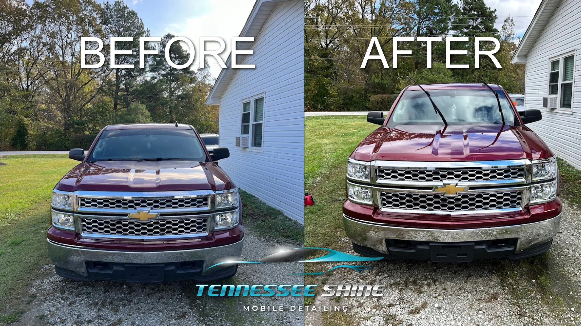 Side-by-side comparison photo showing a red Chevrolet truck before and after cleaning. The left side labeled "BEFORE" shows a dirty truck with visible grime and mud. The right side labeled "AFTER" shows the same truck clean and shiny, with a polished