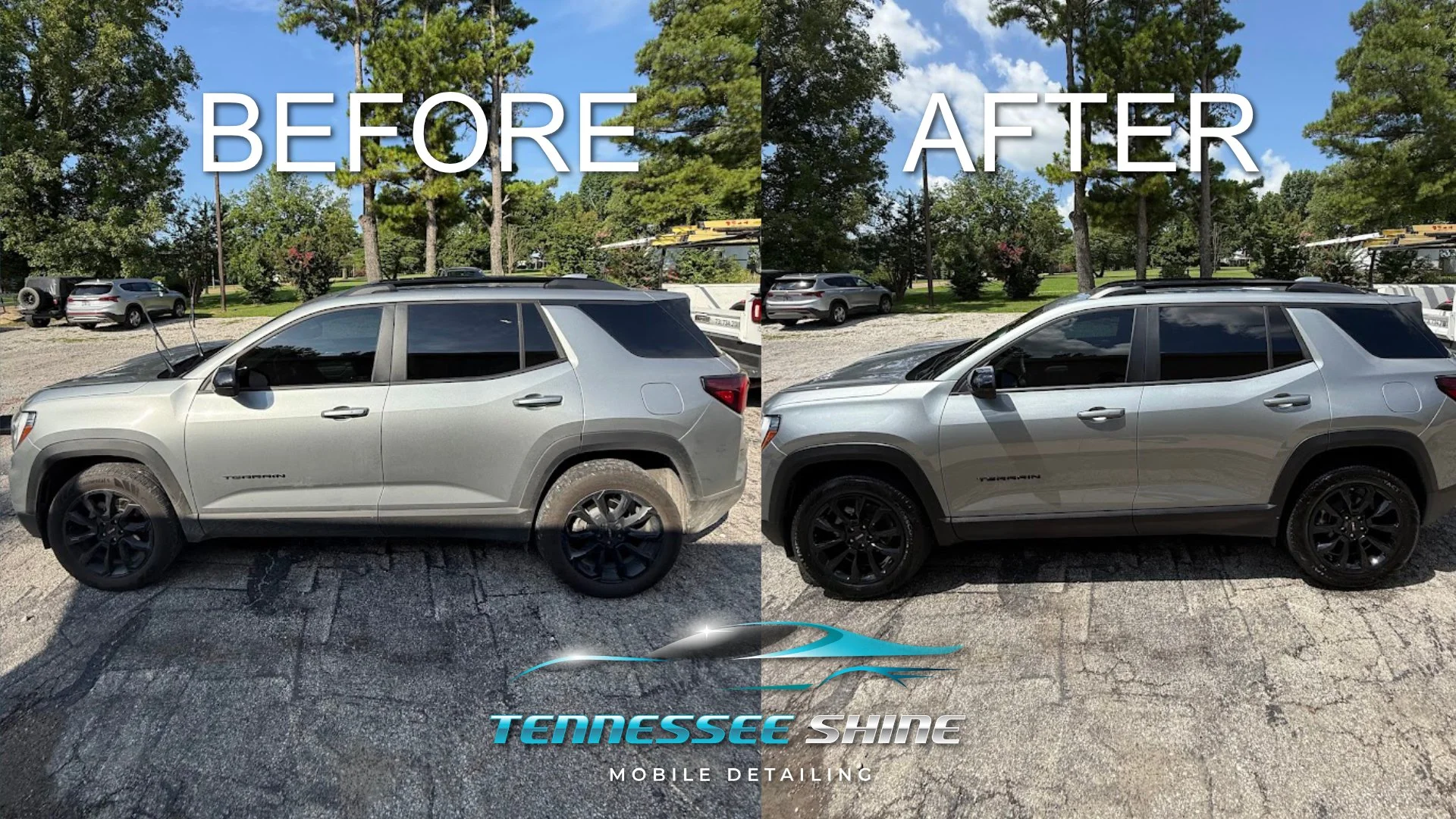 Side-by-side comparison of a silver SUV before and after being detailed, with 'BEFORE' label on the left and 'AFTER' label on the right, showing the vehicle's exterior polishing and cleaning.