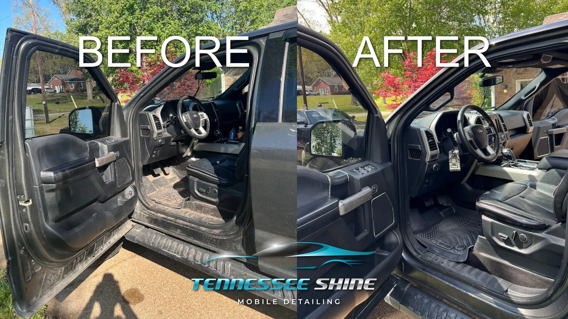 Comparison of a truck interior before and after cleaning; the left side shows a dusty and dirty cabin, while the right side shows a cleaned, spotless interior with a shiny dashboard and seats.