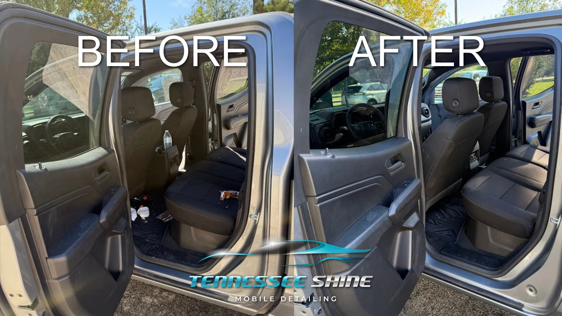 Comparison of car interior before and after detailing, showing cleaner and more organized back seat area on the right after process by Tennessee Shine Mobile Detailing.