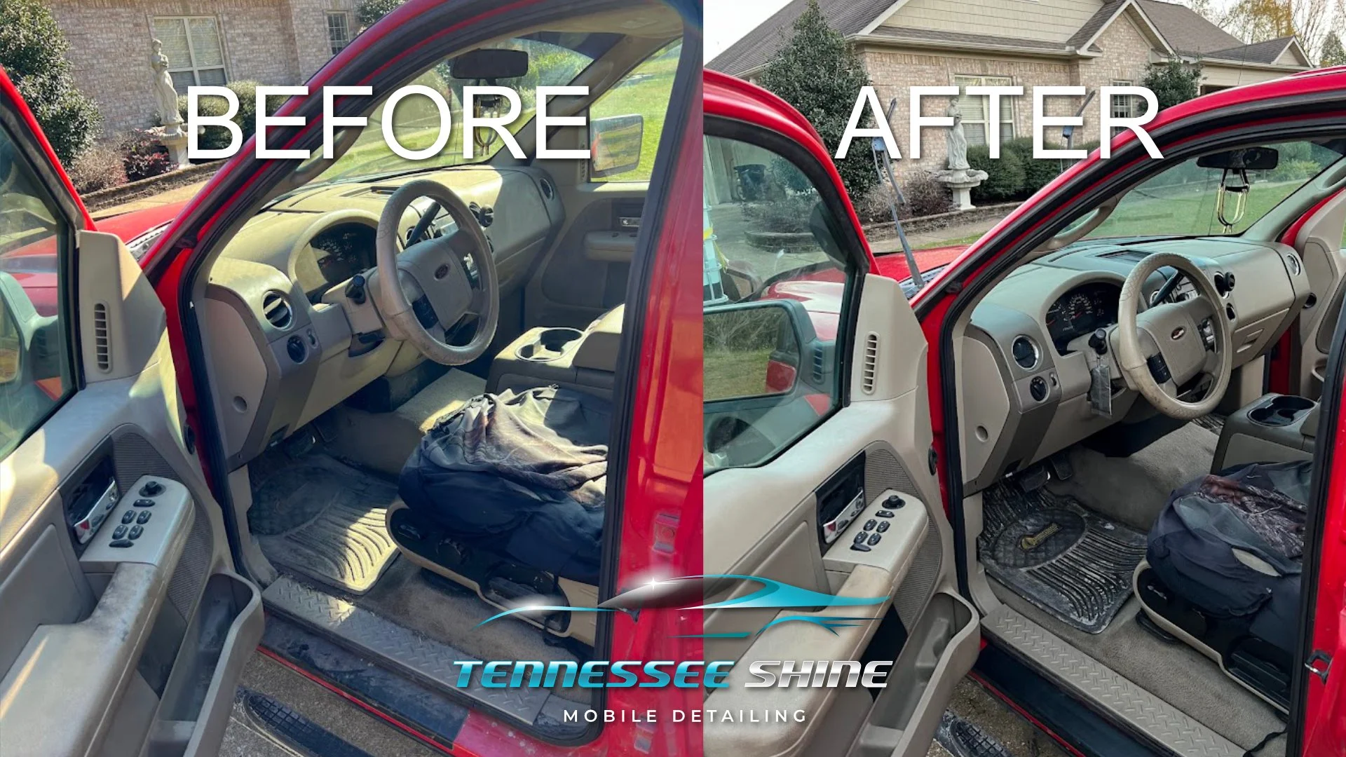 Side-by-side comparison of a truck interior before and after cleaning. The 'before' shows a dirty interior with grime and clutter on the passenger seat and floor mats. The 'after' shows a clean, spotless interior with no clutter and shiny surfaces.