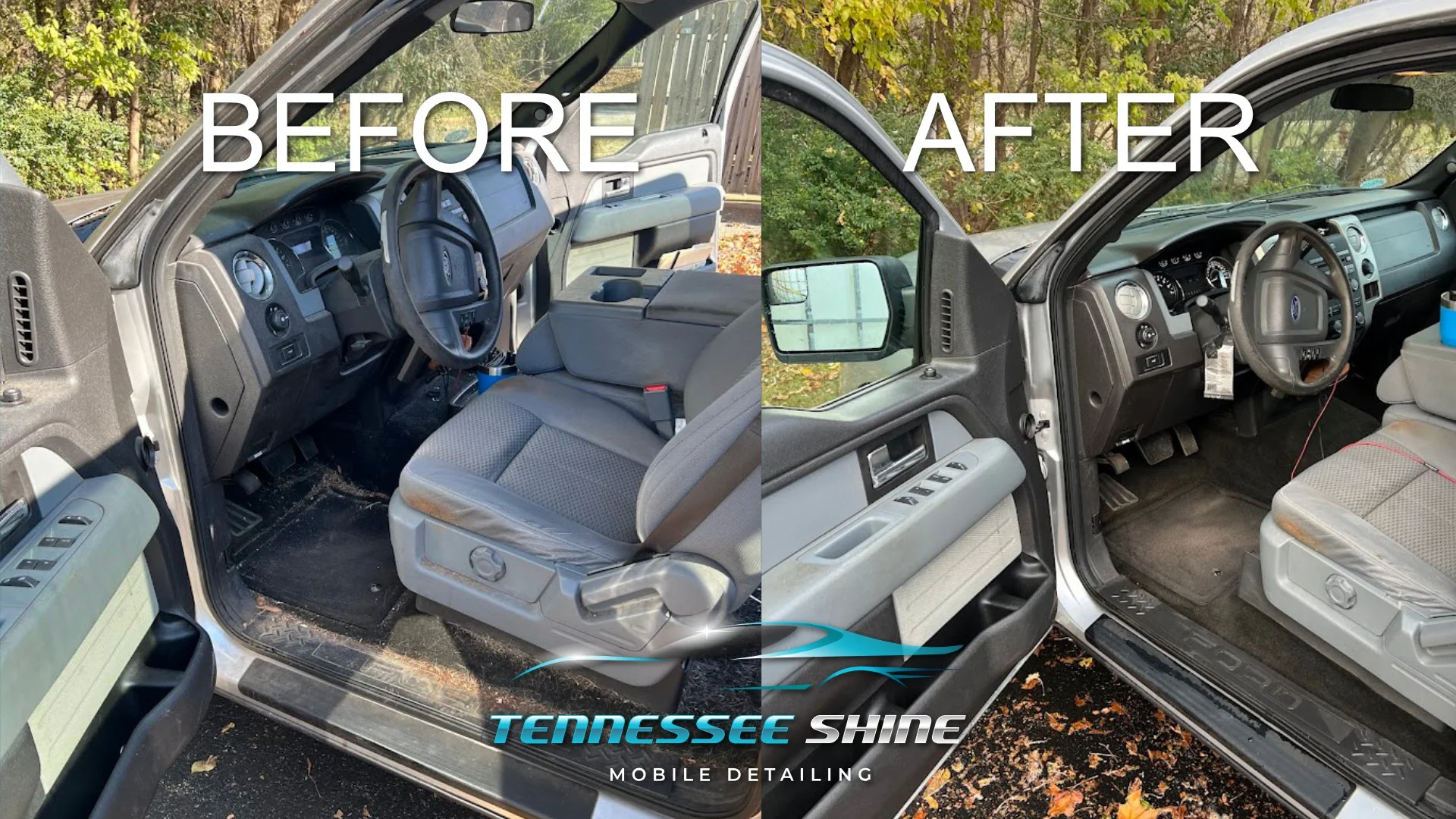 Comparison of a vehicle interior before and after cleaning. The left side shows a dirty, dusty car interior with stained seats and debris on the floor. The right side shows a clean, vacuumed vehicle interior with spotless seats and floor.