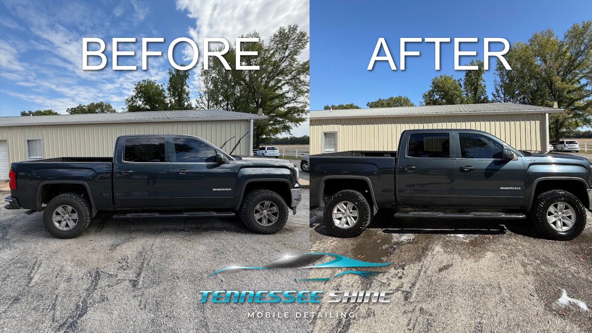 Side-by-side comparison of a black GMC Sierra pickup truck before and after custom detailing, with the words 'BEFORE' and 'AFTER' overlaid and the Tennessee Shine Mobile Detailing logo at the bottom.