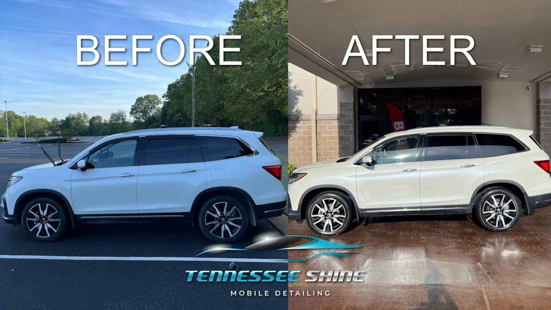 Comparison of a white SUV before and after car detailing. The left side shows the car in an outdoor parking lot with the label 'BEFORE,' and the right side shows the same car inside a detailing shop with the label 'AFTER.' The logo 'Tennessee Shine M