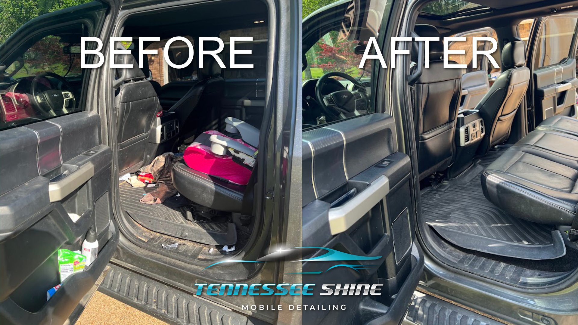 Side-by-side comparison of a vehicle interior before and after cleaning. The left side shows a messy interior with litter and clutter, while the right side presents a clean and organized interior with vacuumed seats and spotless floors.
