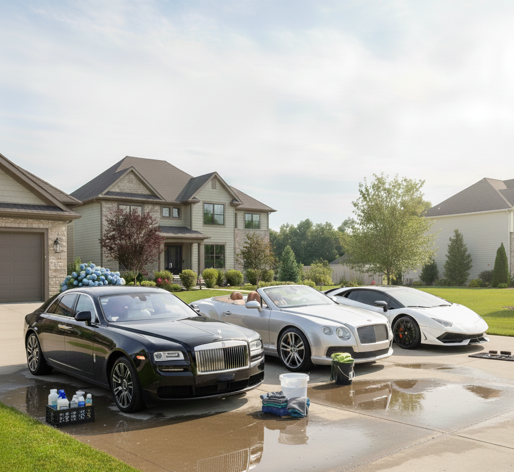 Luxury cars parked on a driveway being washed at a suburban home, with soap and cleaning supplies nearby, and well-maintained houses and greenery in the background.